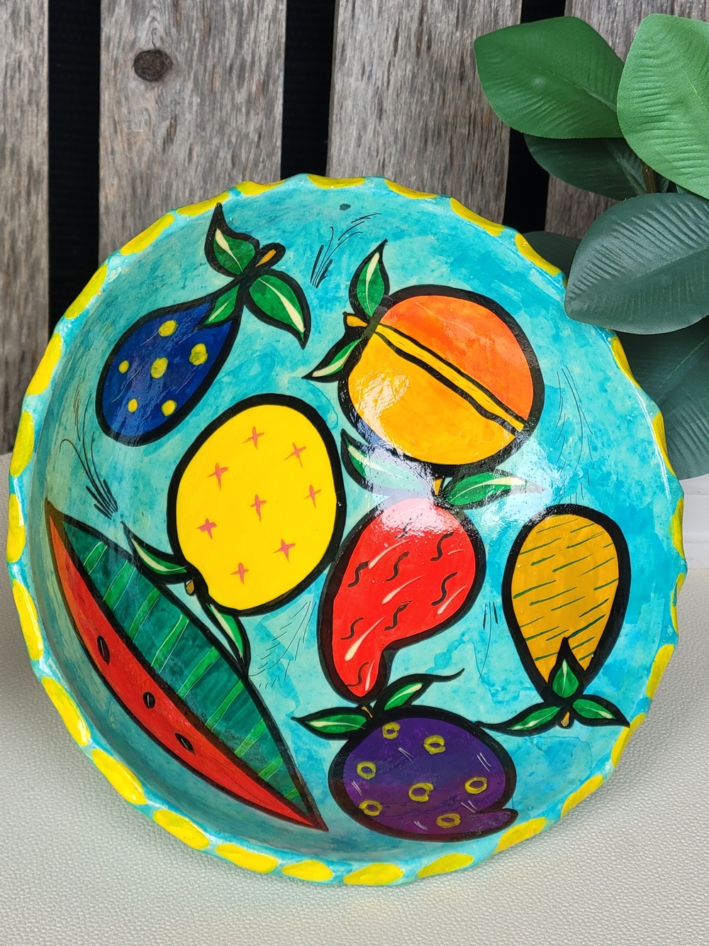 Handpainted Fruit Footed. Ceramic Serving Bowl in Turquoise Dated